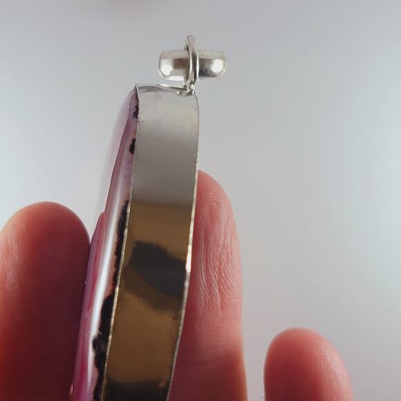 Purple Agate Geode Pendant 2.25" Polished Slice Necklace in Silver Bezel - Picture 6 of 10